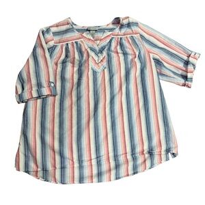 Catherines Blue, Red & White Striped Popover Blouse Pull-Tab Sleeves Size 0X